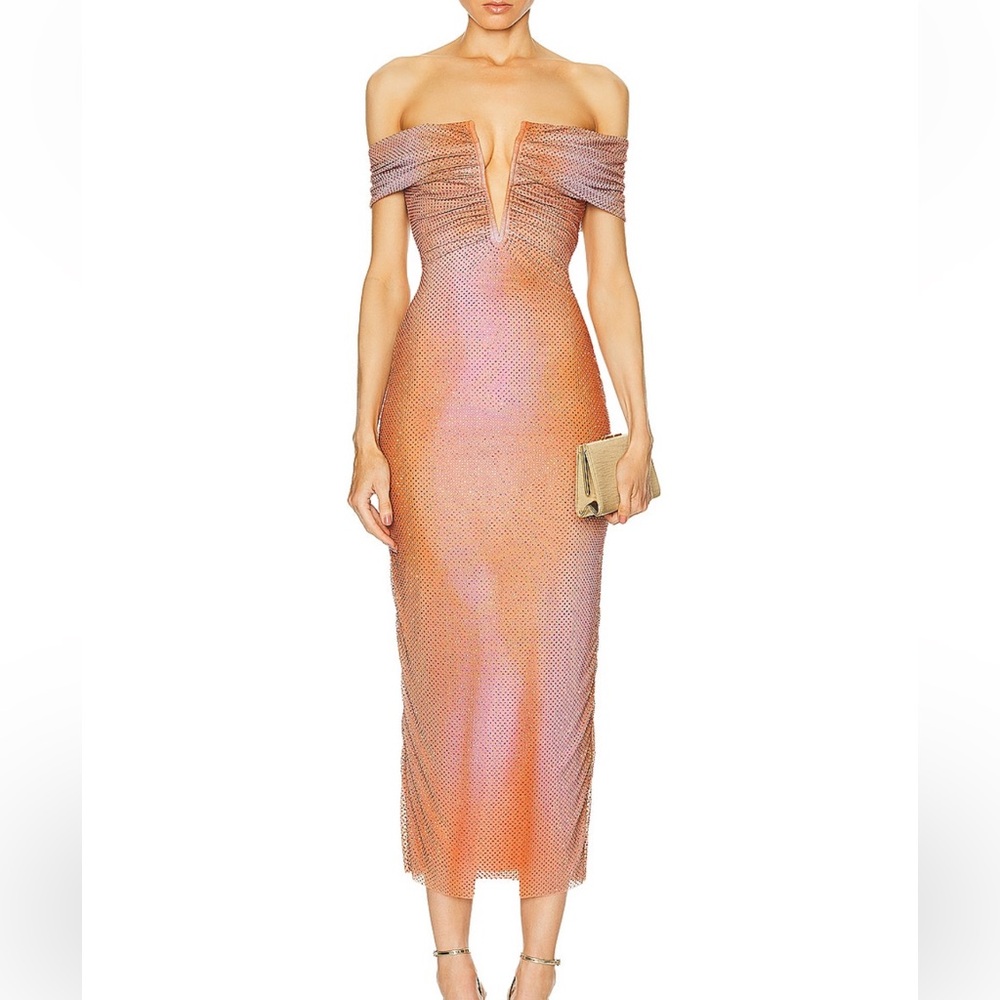 Self-Portrait Off-Shoulder Pink and Orange Midi Dress